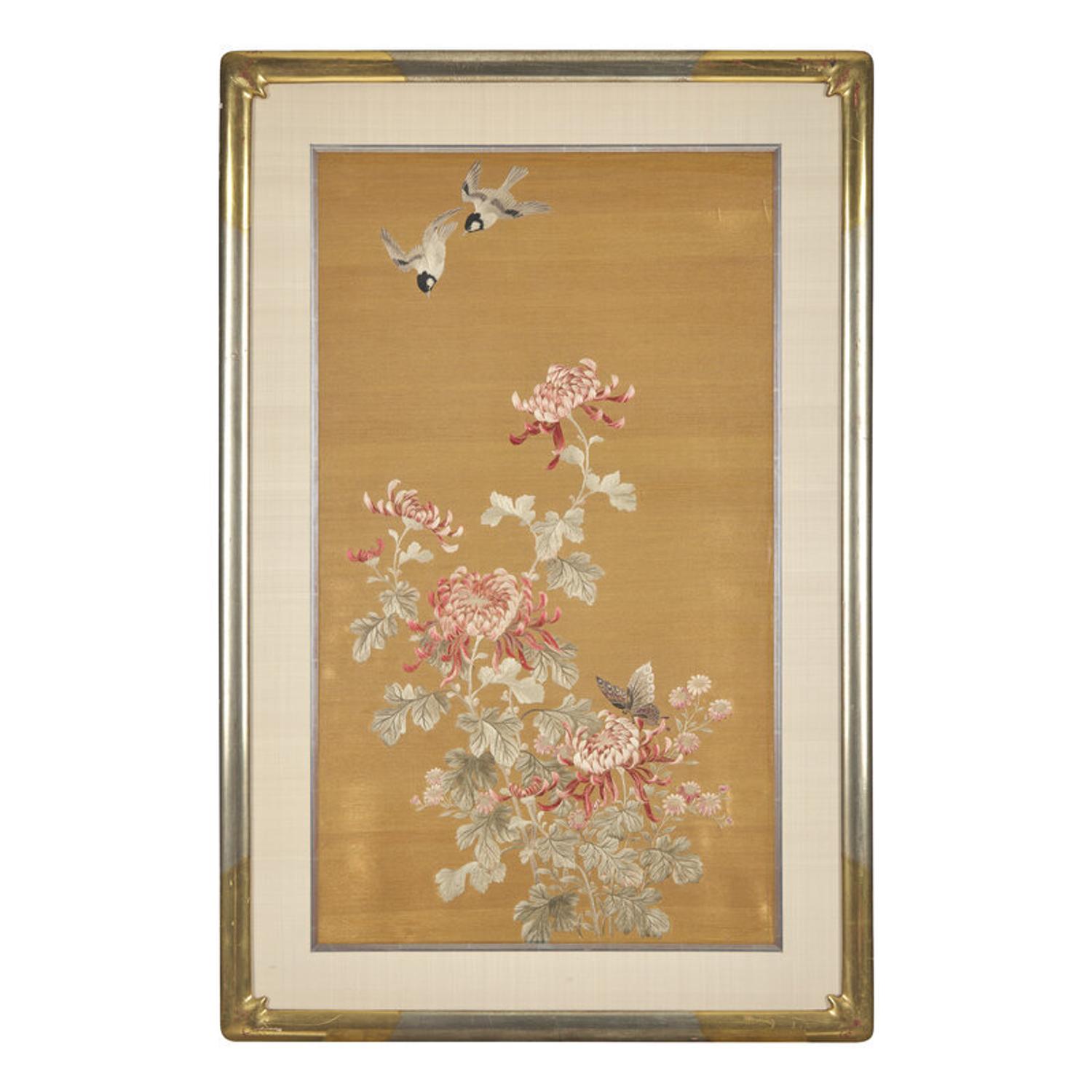 A Set of Four Finely Worked Japanese 'Birds and Flowers' Needlework Panels, Meiji Period 日本明治時期 織綉花鳥圖四幅