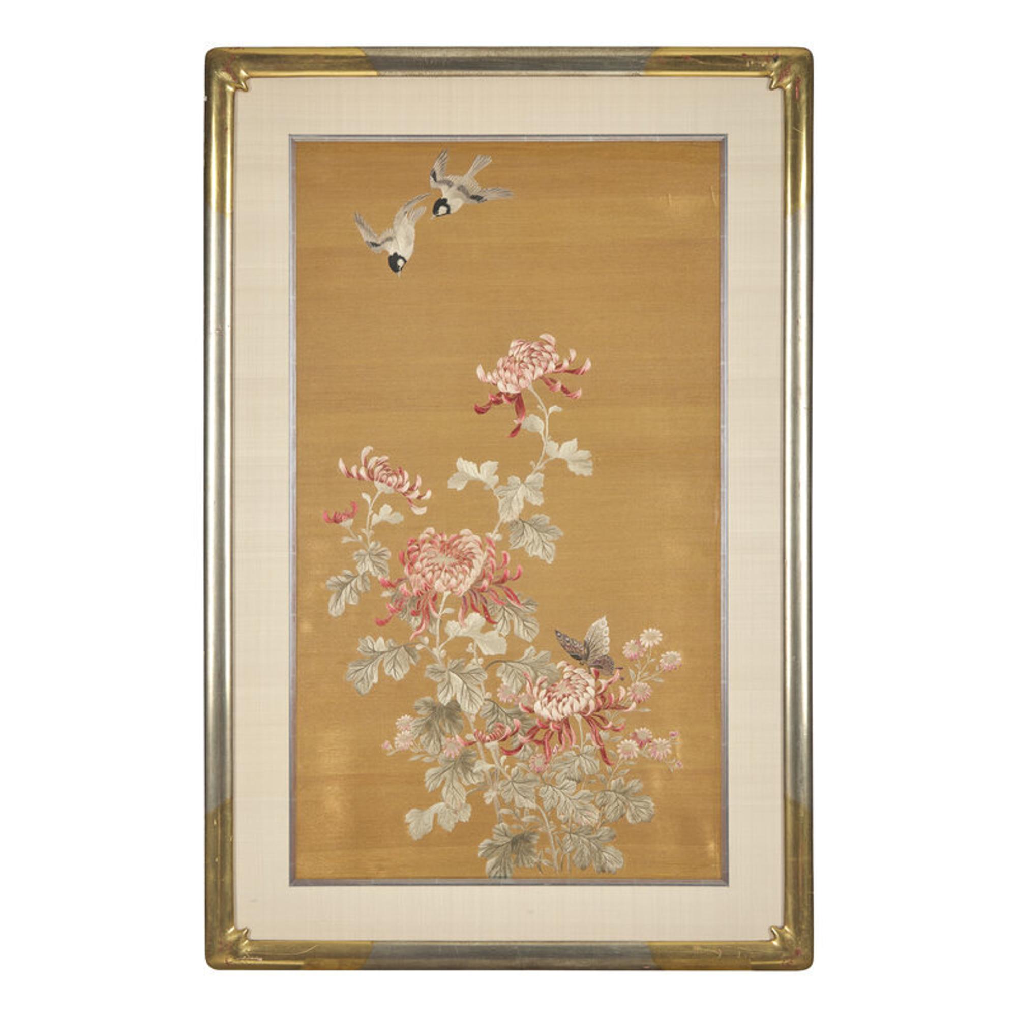 A Set of Four Finely Worked Japanese 'Birds and Flowers' Needlework Panels, Meiji Period 日本明治時期 織綉花鳥圖四幅
