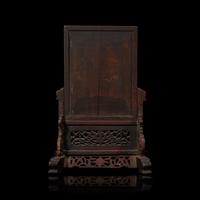 A Chinese Enameled Porcelain ' Landscape' and Carved Wood Table Screen, 19th Century 清晚期 硬木嵌粉彩山水圖插屏