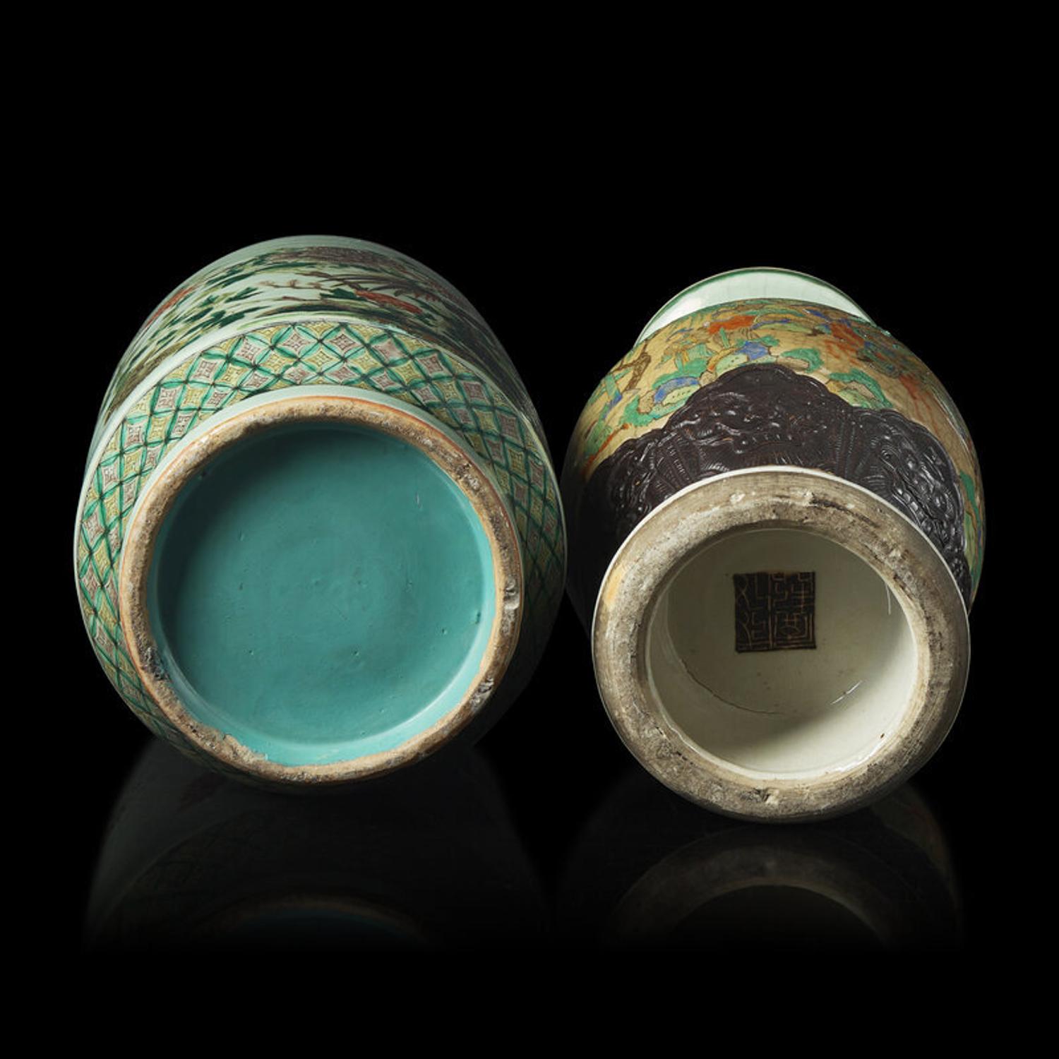 Two Chinese Famille Verte Porcelain Vases 五彩盤口瓶兩件
