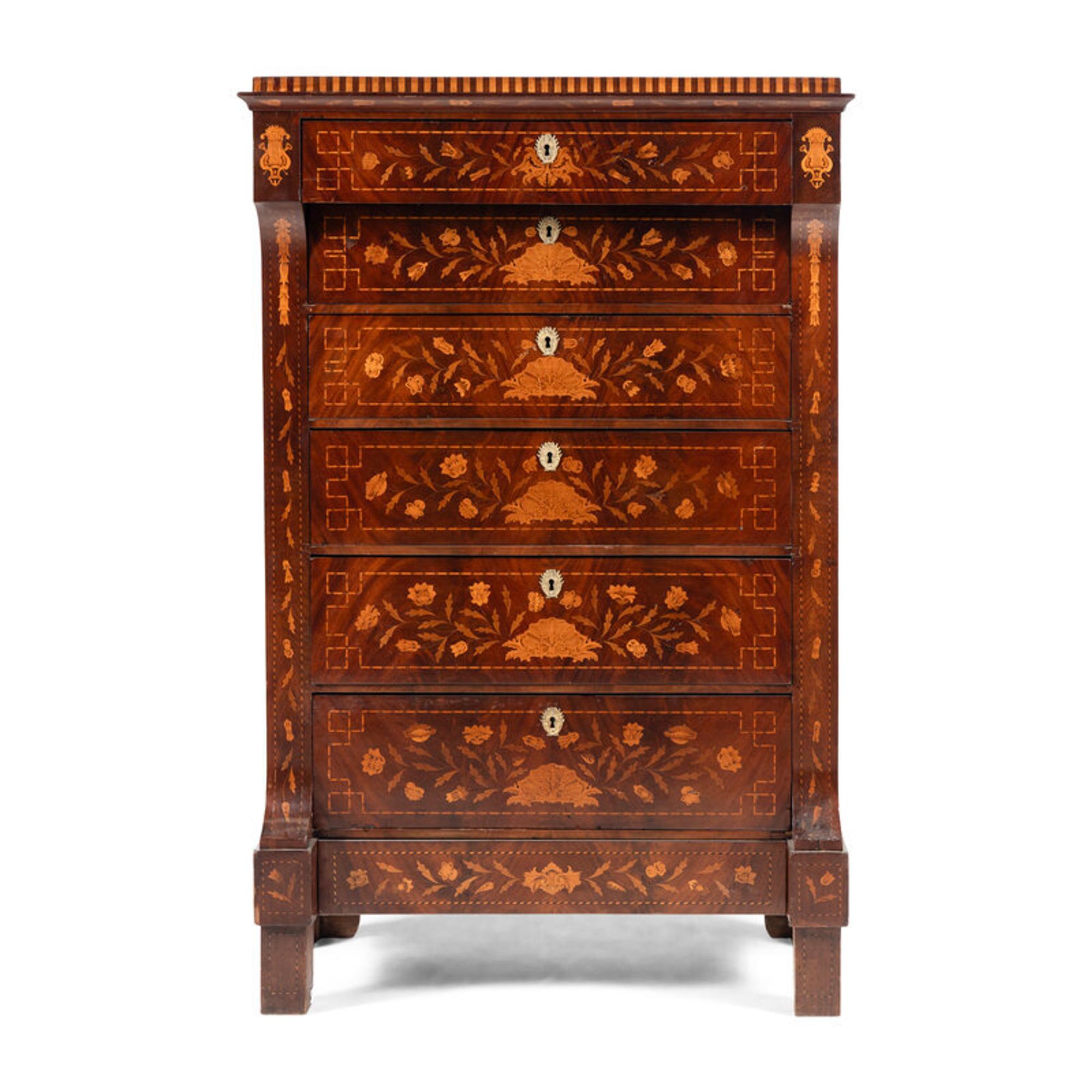 A Dutch Marquetry and Mahogany Tall Chest of Drawers