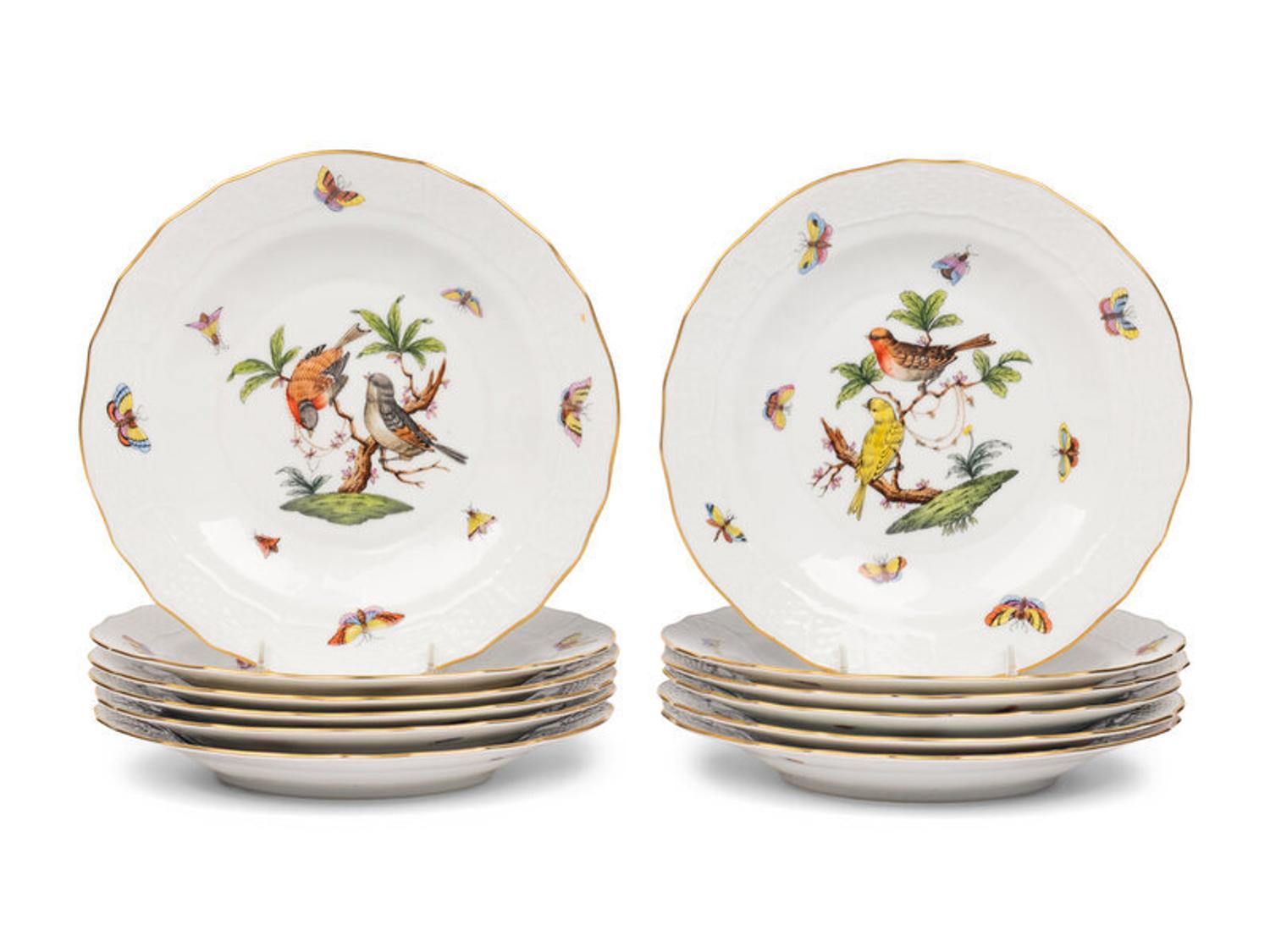 A Set of Twelve Herend Rothschild Bird Porcelain Dessert Plates