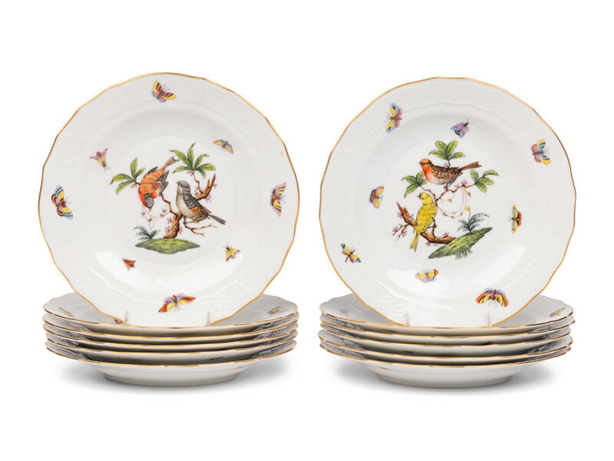 A Set of Twelve Herend Rothschild Bird Porcelain Dessert Plates