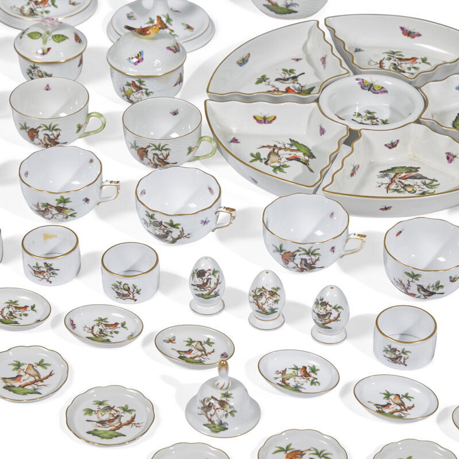 An Extensive Herend Rothschild Bird Porcelain Dinner Service