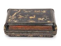 A Chinese Lacquer and Basketwork Box and Cover, Ming to Early Qing Dynasty 明-清初 黑漆描金鹿鶴同春竹編廠方蓋盒