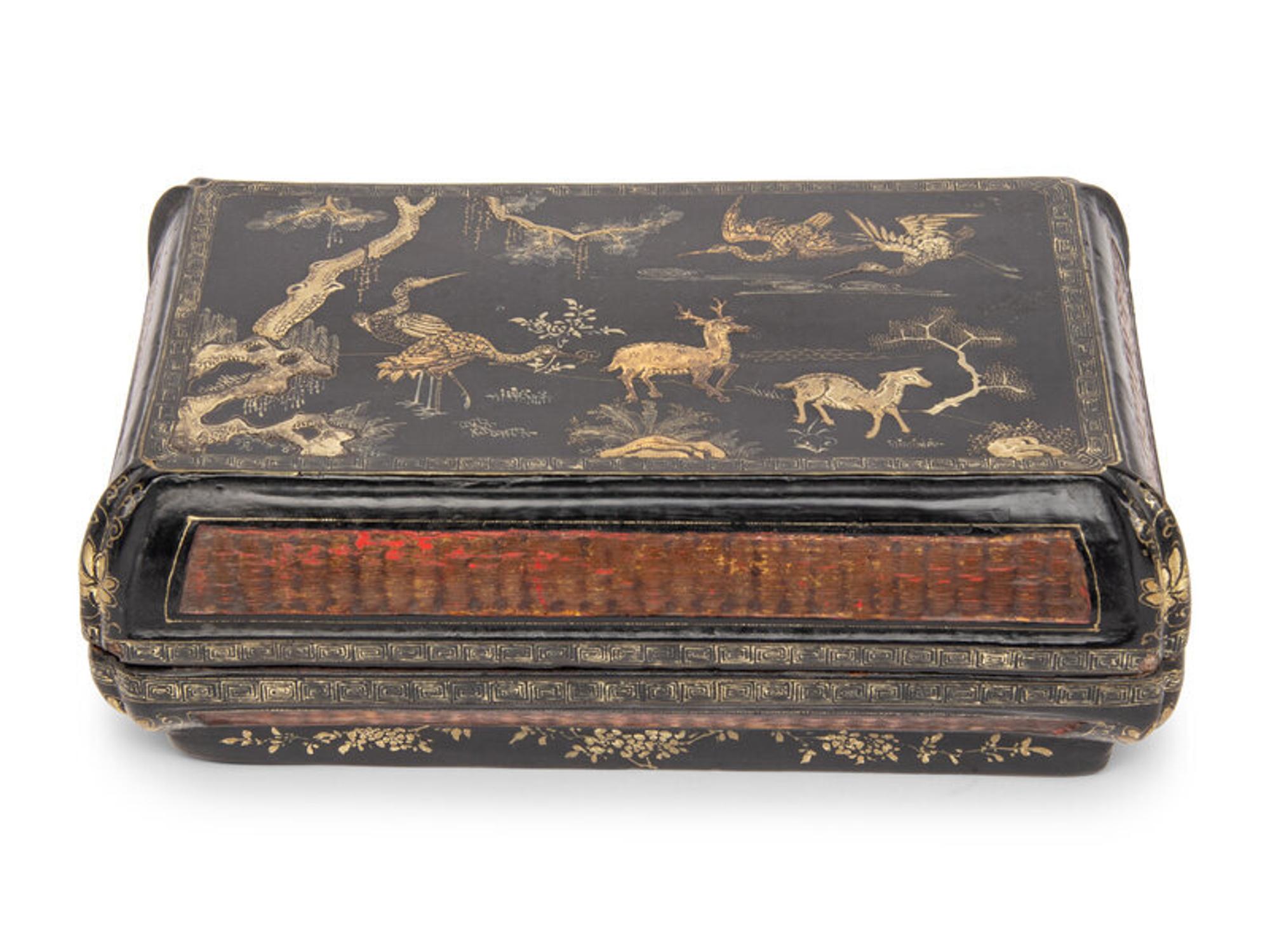 A Chinese Lacquer and Basketwork Box and Cover, Ming to Early Qing Dynasty 明-清初 黑漆描金鹿鶴同春竹編廠方蓋盒