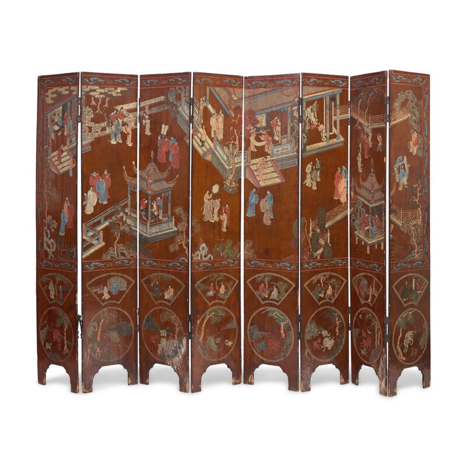A Chinese Eight-Panel 'Figural' Coromandel Floor Screen, 18th Century 清中期 款彩人物图八扇屏