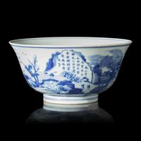 A Chinese Blue and White Porcelain 'Landscape' Bowl, Kangxi Period 清康熙 大明成化年制款青花山水詩文碗