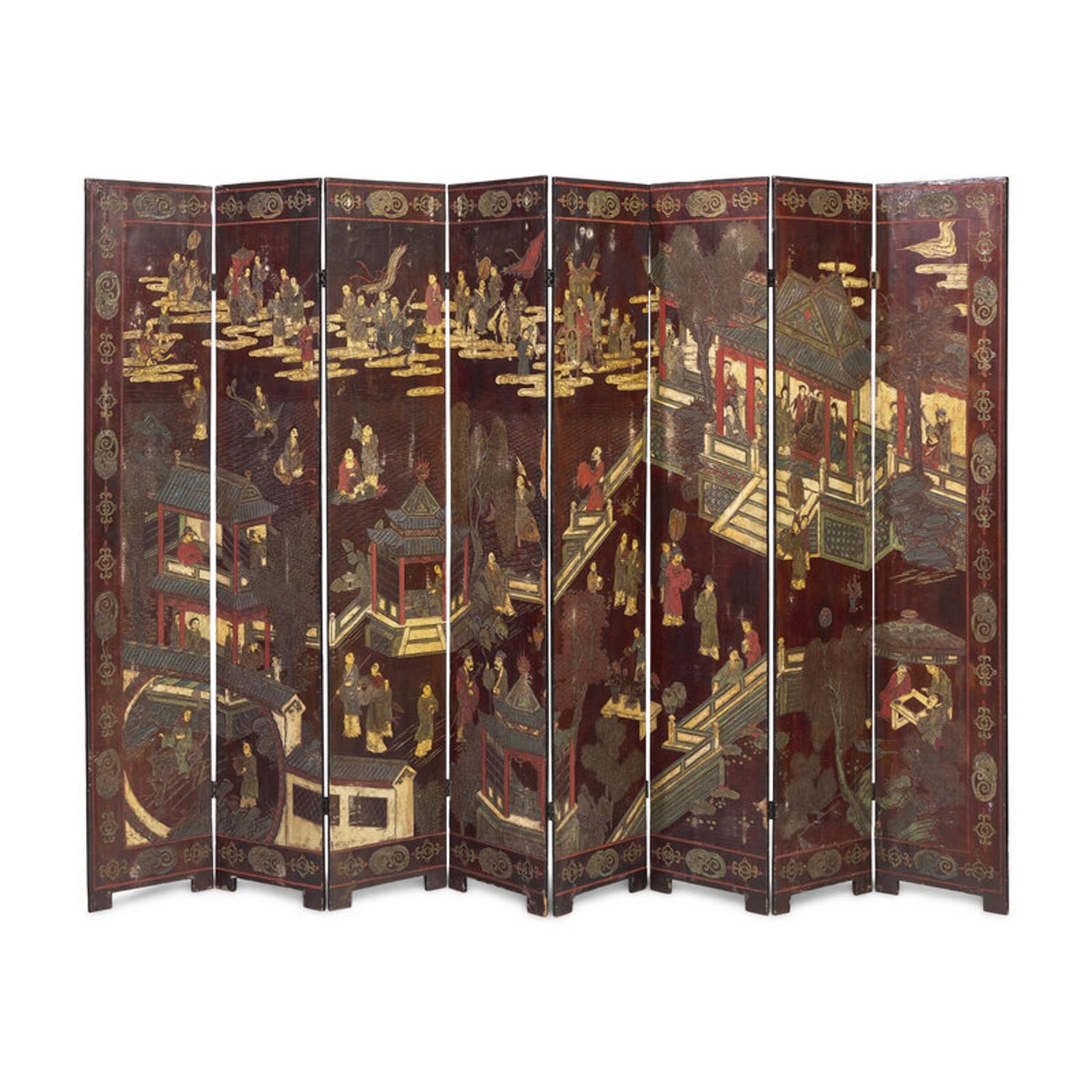 A Chinese Eight-Panel Coromandel Screen, Qing Dynasty 清乾隆乙未（1775） 款 款彩鹤鹿同春图八扇屏