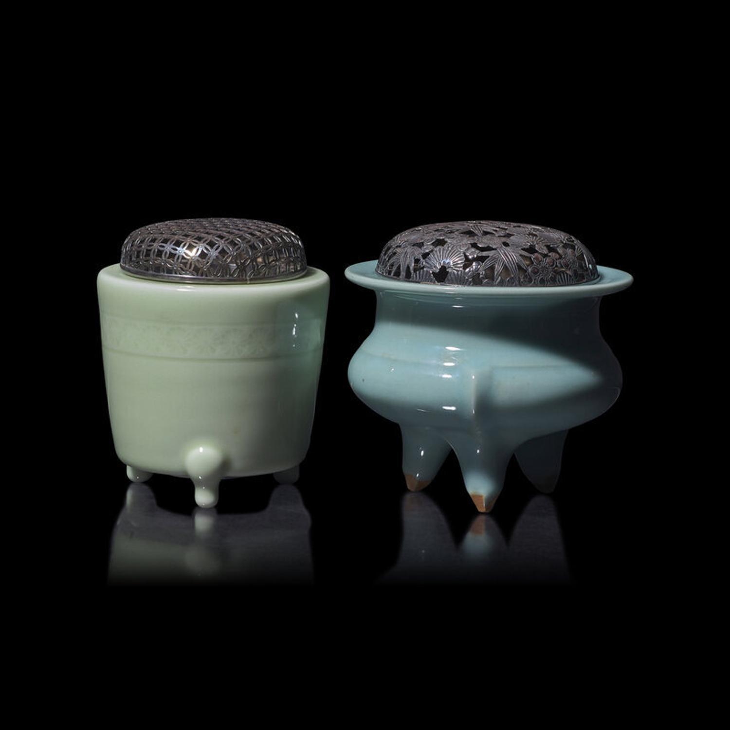 Two Japanese Celadon Glazed Porcelain Incense Burners