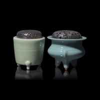 Two Japanese Celadon Glazed Porcelain Incense Burners