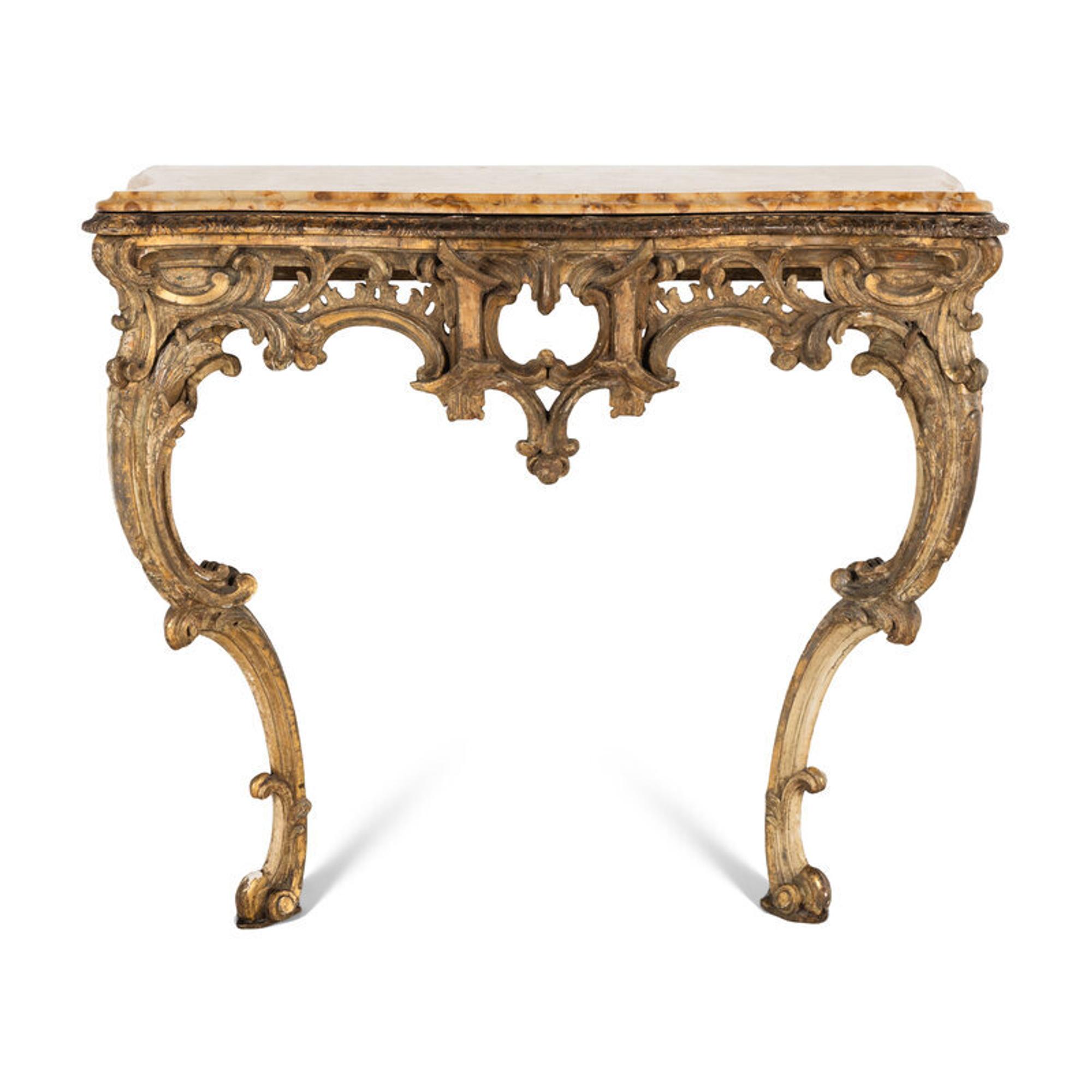 A Louis XV Painted and Parcel Gilt Marble-Top Console Table