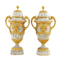 A Pair of Louis XVI Style Marble and Gilt Bronze Mounted Urns