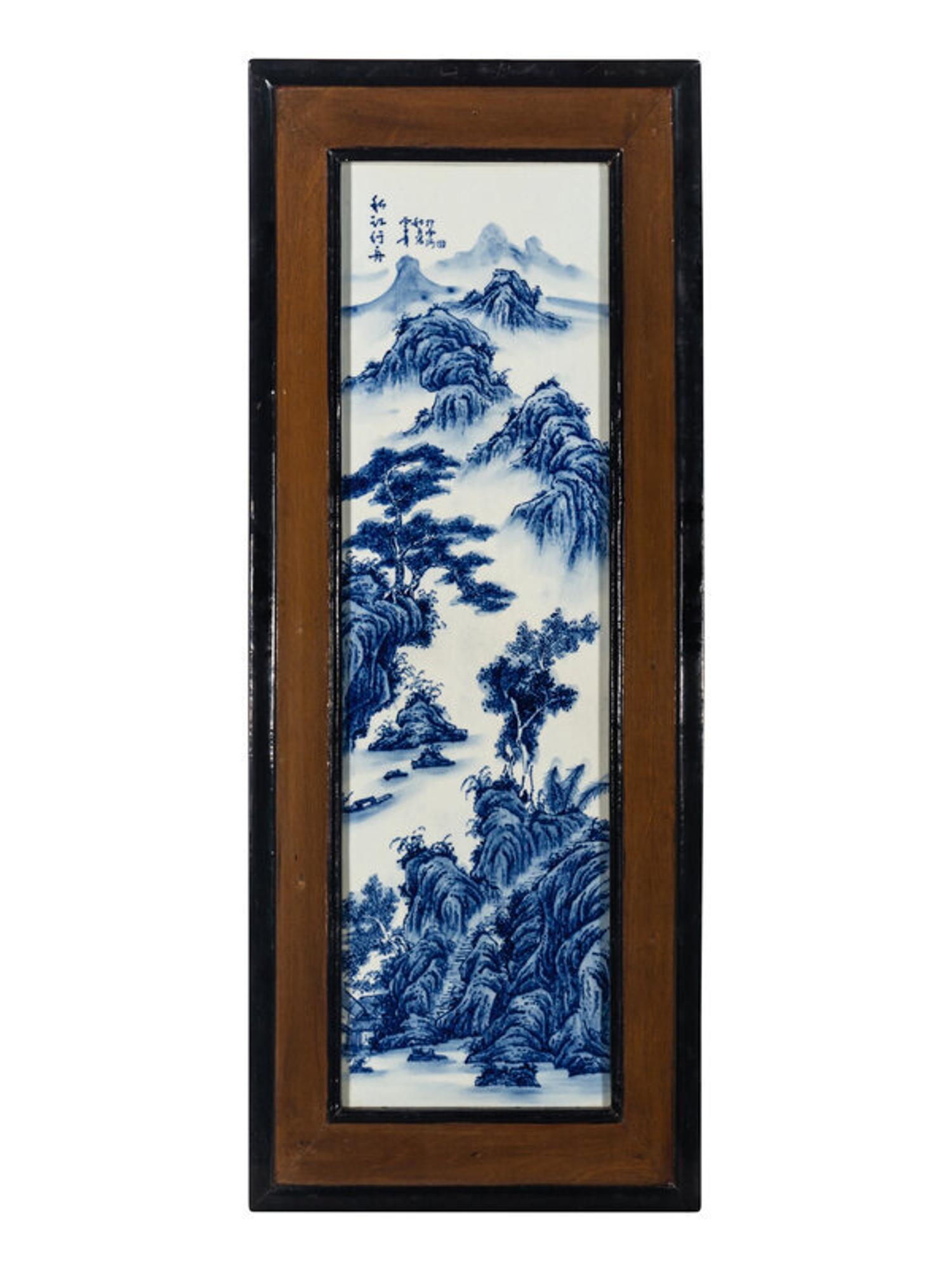 Eight Chinese Blue and White Porcelain Plaque Inset Hanging Panels 青花山水圖掛屏四扇