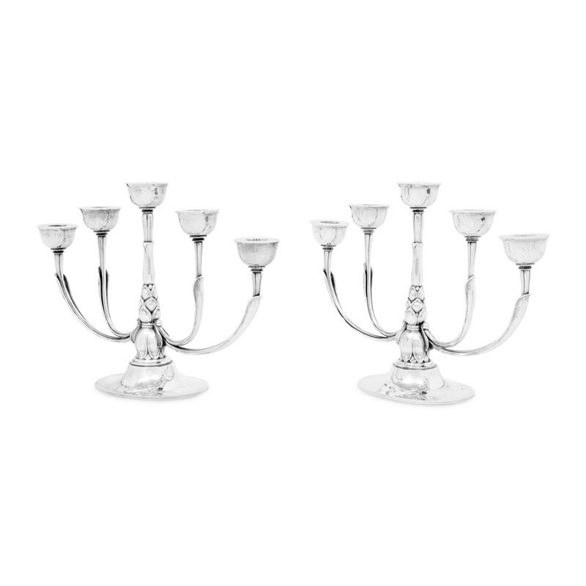 A Pair of Georg Jensen Silver Five-Light Candelabra