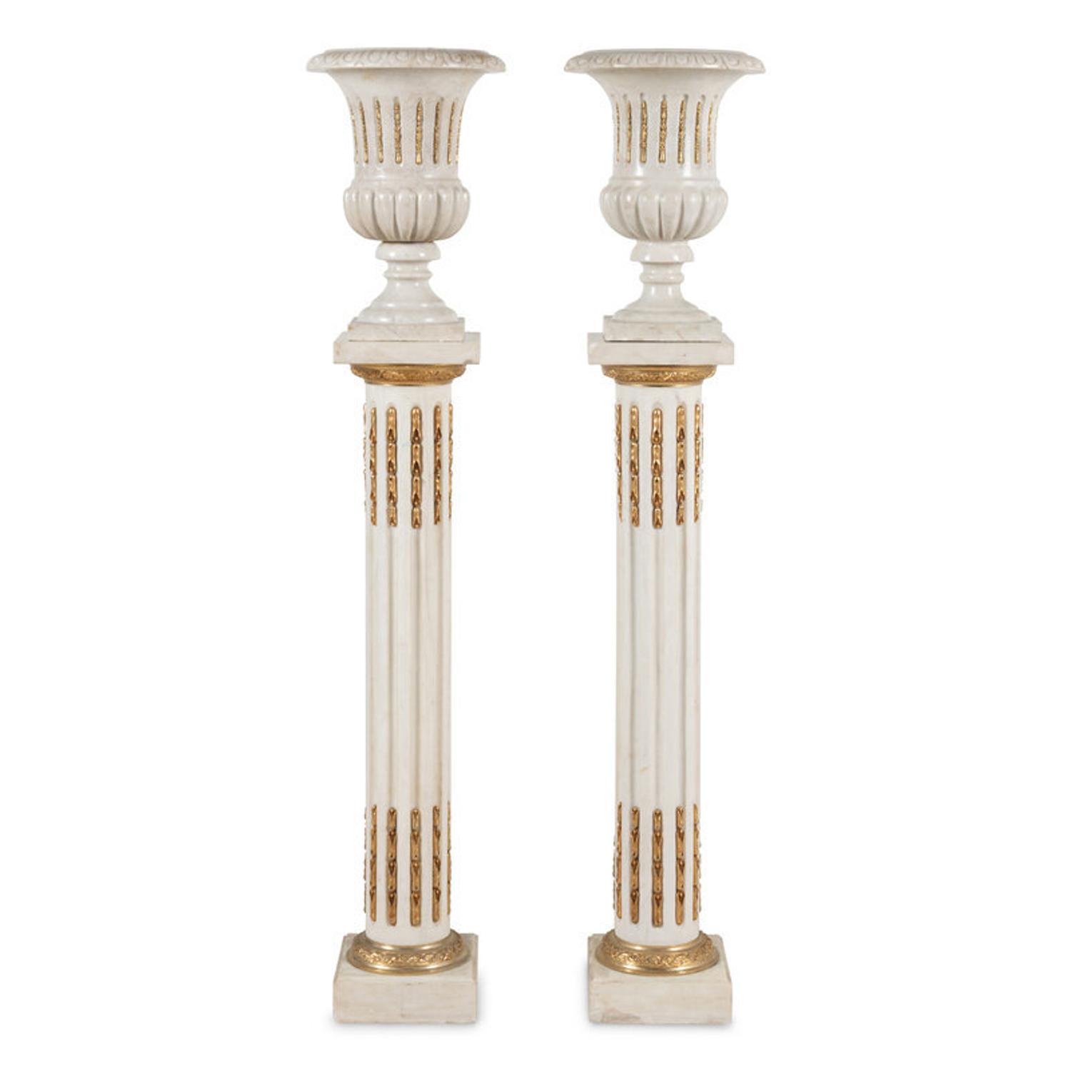 A Pair of Neoclassical Style Gilt Bronze Mounted Marble Urns on Pedestals