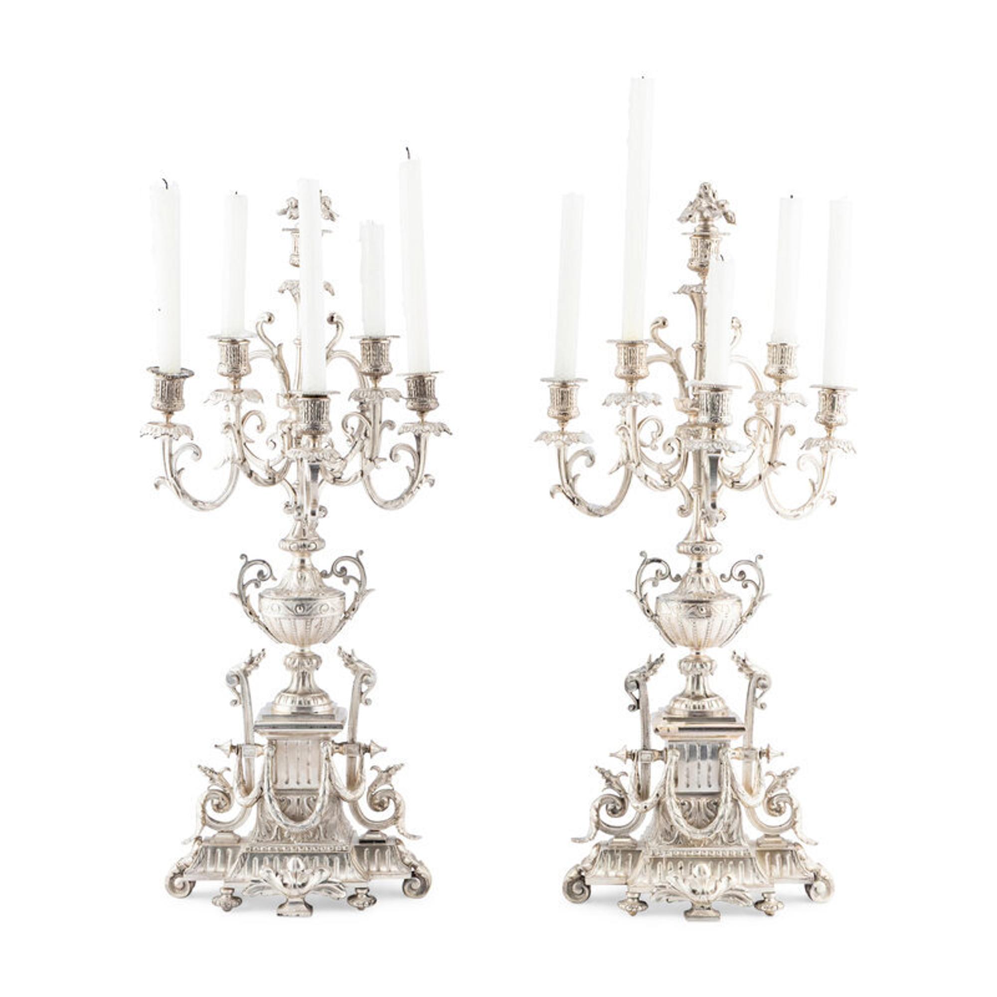 A Pair of Napoleon III Silvered Bronze Six-Light Candelabra