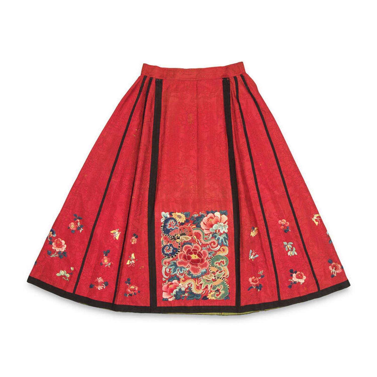 Two Chinese Silk 'Apron' Skirts and a Set of Skirt Ornament, 19th-Early 20th Century 馬面裙兩件及群飾一套