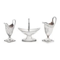 Two George III Engraved Silver Creamers and a Sugar Basket