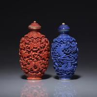 Two Chinese Molded and Enameled Porcelain Snuff Bottles, Possibly Jiaqing Period 或爲清嘉慶 瓷雕鼻烟壺兩支
