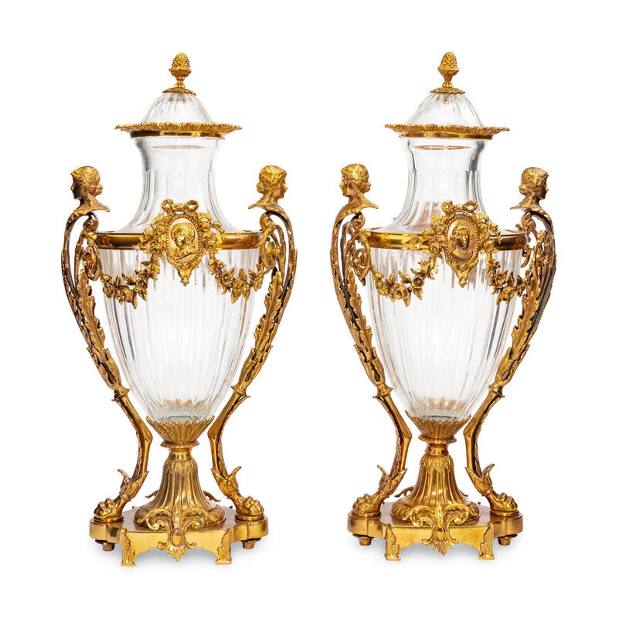 A Pair of Baccarat Gilt Bronze Mounted Glass Urns