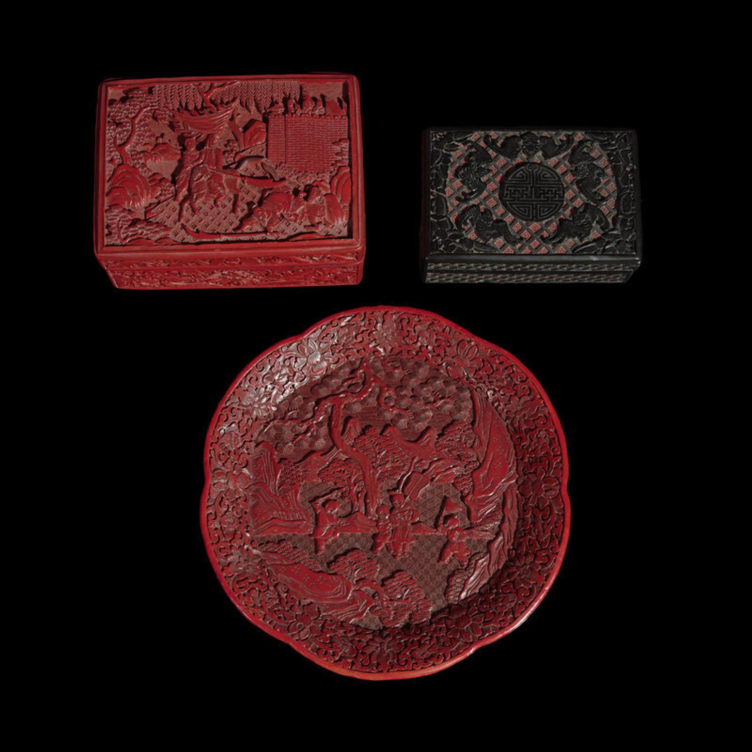 Two Chinese Lacquer Boxes and a Dish, Late 19th/20th Century 晚清民國 剔紅方形蓋盒二及葵花盤一件