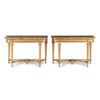 A Pair of Louis XVI Style Giltwood and Marble-Top Console Tables