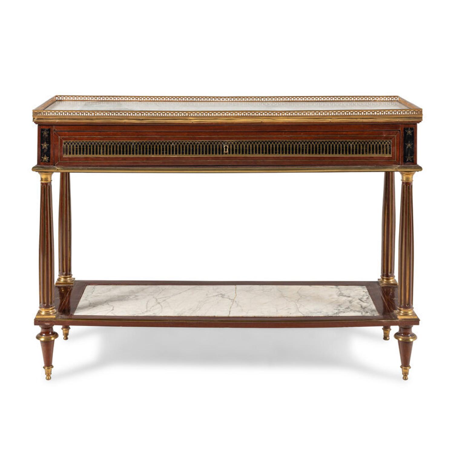 A Directoire Mahogany and Brass Inlaid Marble-Top Serving Table