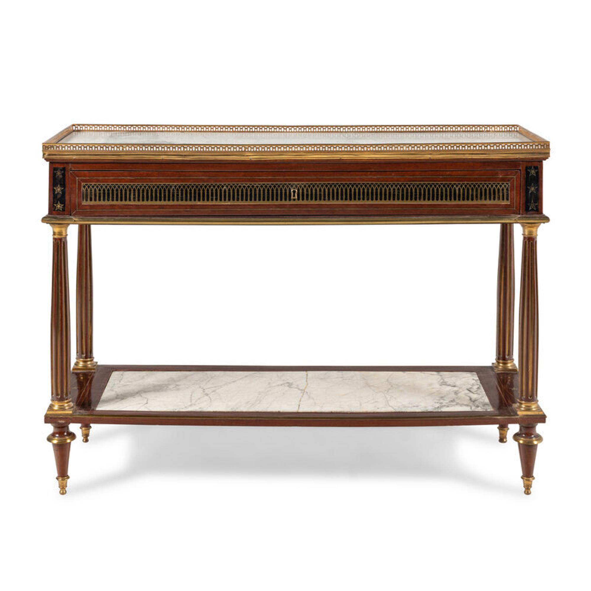 A Directoire Mahogany and Brass Inlaid Marble-Top Serving Table