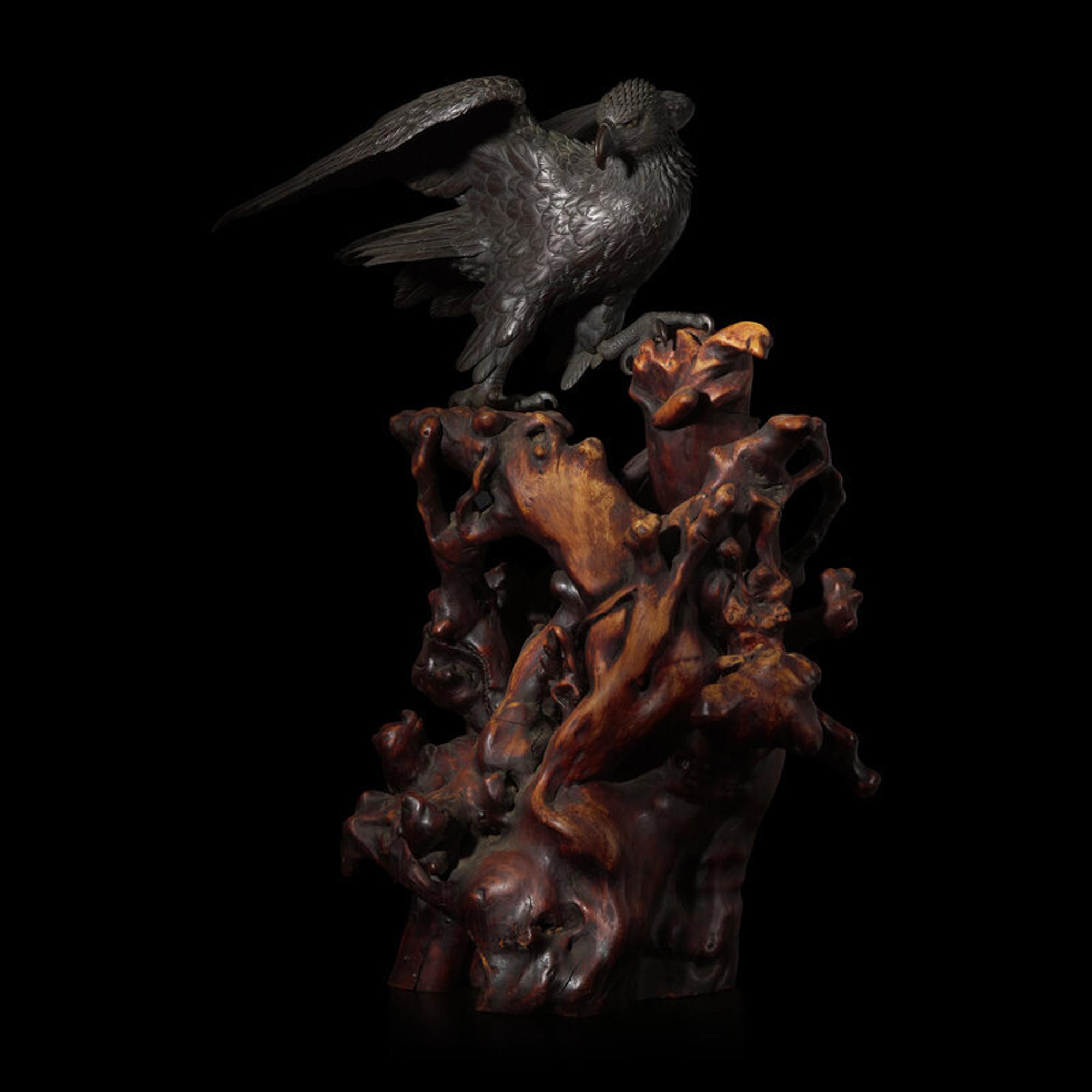 A Japanese Patinated Bronze Figure of an Eagle, Atsuyoshi for the Maruki Co. 丸木製厚義作銅鷹置物