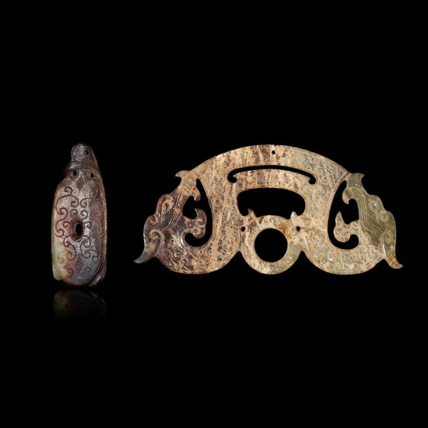 Two Chinese Archaistic Jade 'Dragon' Pendants 仿古玉佩兩件
