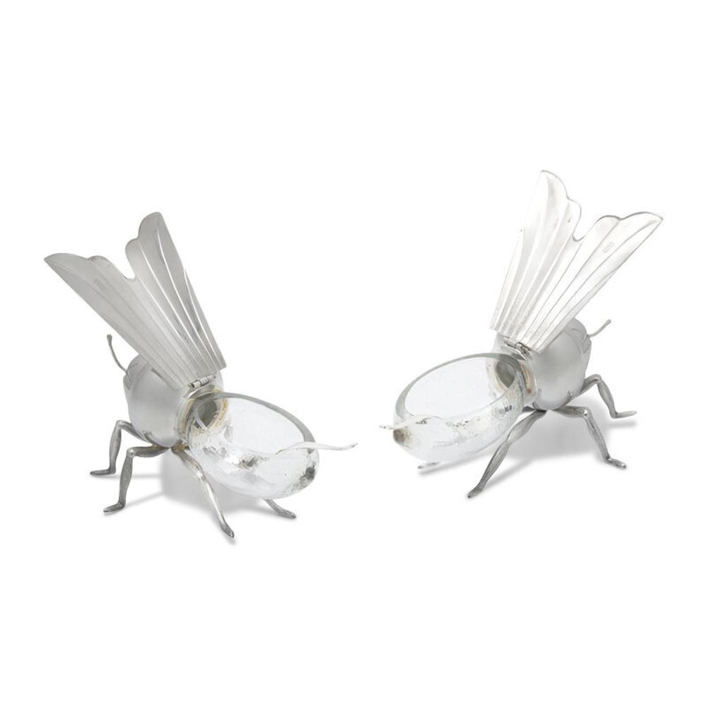 A Pair of Peruvian Silver and Glass Bee-Form Honey Dishes and Spoons
