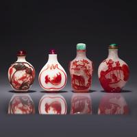 Four Chinese Ruby Red Overlay Glass Snuff Bottles 涅白地套寶石紅料鼻烟壺四支