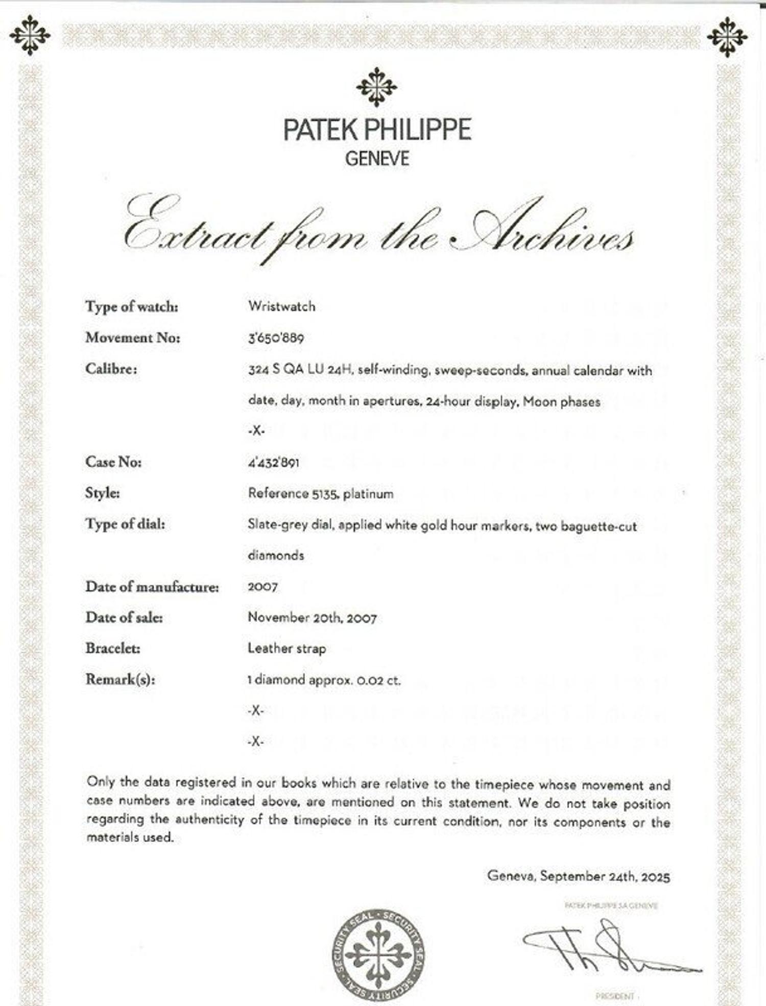 Patek Philippe, Ref. 5135P, Platinum Annual Calendar Moonphase Watch, with Box, Manuals, and Extract from the Archives