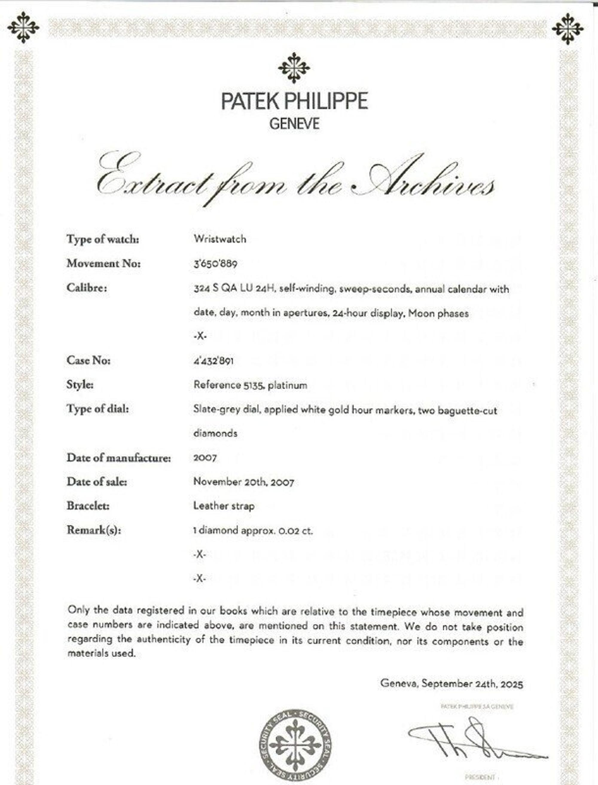 Patek Philippe, Ref. 5135P, Platinum Annual Calendar Moonphase Watch, with Box, Manuals, and Extract from the Archives