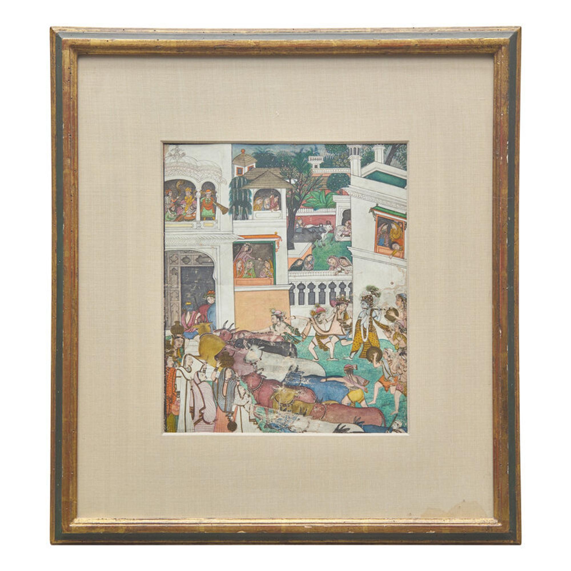 A Painting Depicting Krishna and the Hour of Cow Dust, India, Kangra Style, Late 19th/20th Century 十九/二十世紀 康格拉派《黑天與牧牛人》圖