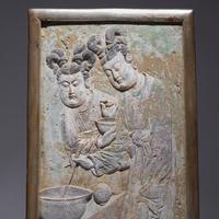 A Rare Chinese Carved and Painted 'Court Ladies' Relief Brick Panel, Late Tang Dynasty-Five Dynasties and Ten Kingdoms 晚唐-五代 彩繪磚雕侍女圖