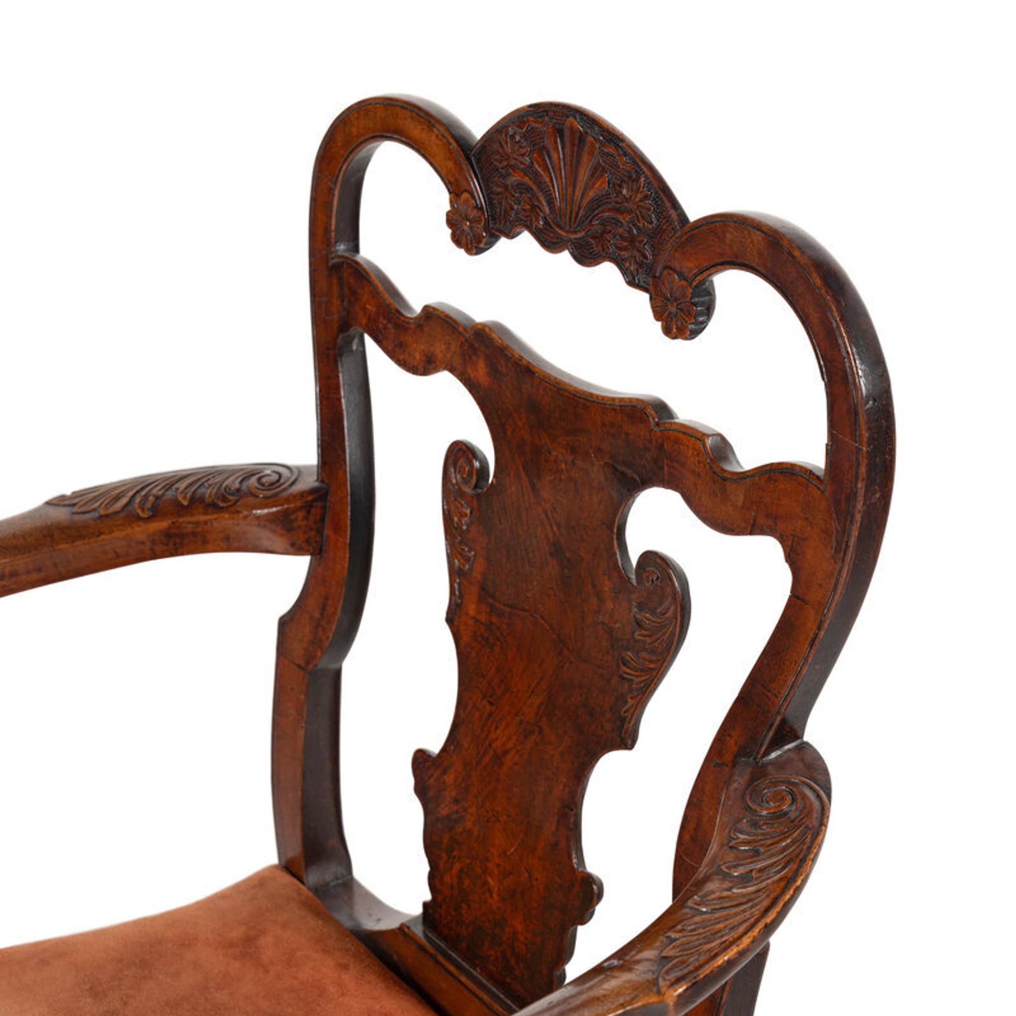 A George II/III Shell-Carved Oak and Walnut Armchair