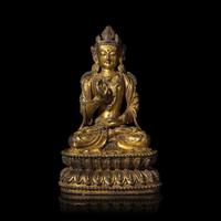 A Chinese Gilt Bronze Figure of a Seated Bodhisattva, Ming Dynasty, 15th Century 明 銅鎏金菩薩坐像