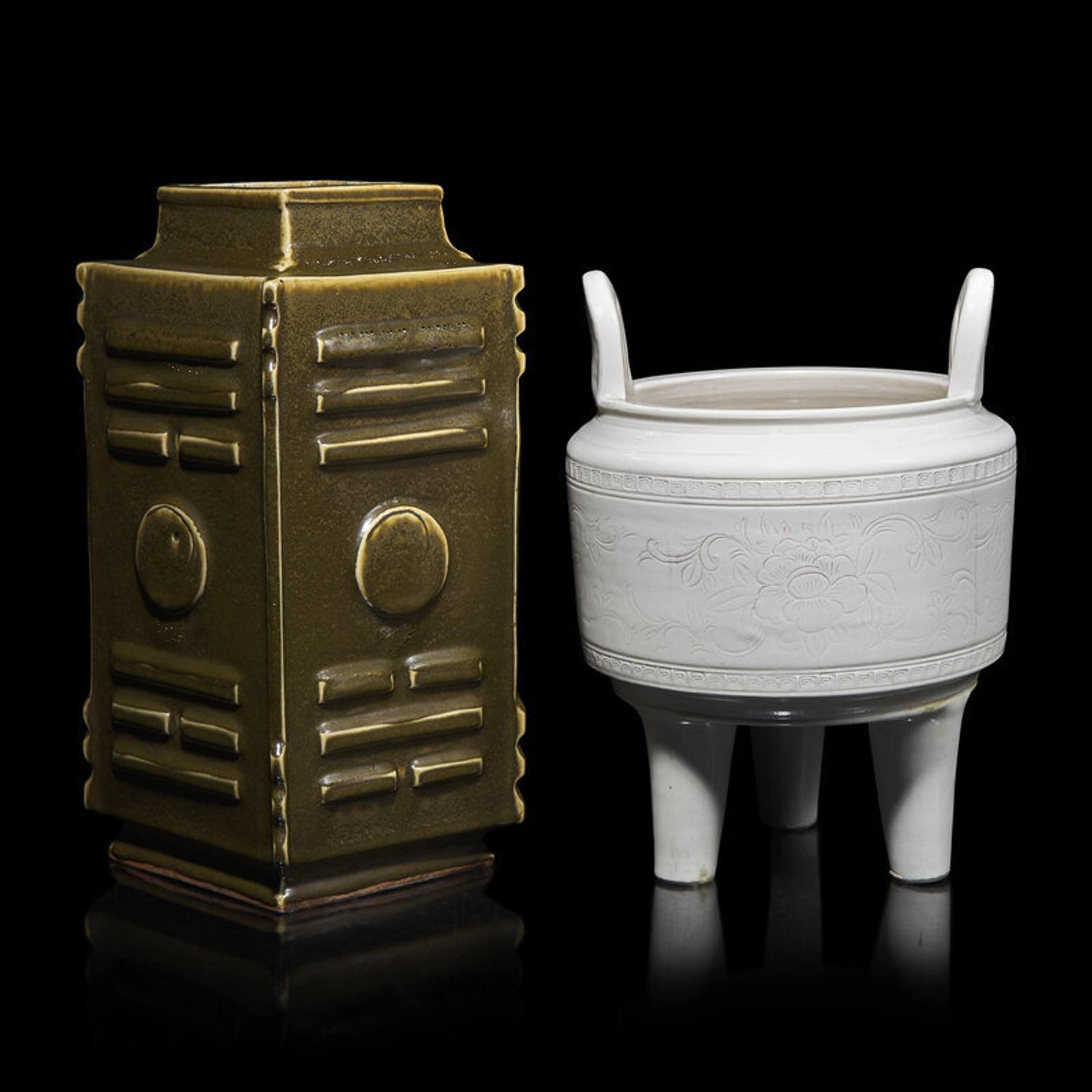 Two Chinese Monochrome Glazed Archaic Style Vessels, 19th-20th Century 晚清-民國 茶葉末釉琮式瓶及白釉仿古三足鼎式爐