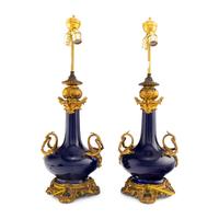 A Pair of Louis XV Style Gilt Bronze Mounted Cobalt Porcelain Vases