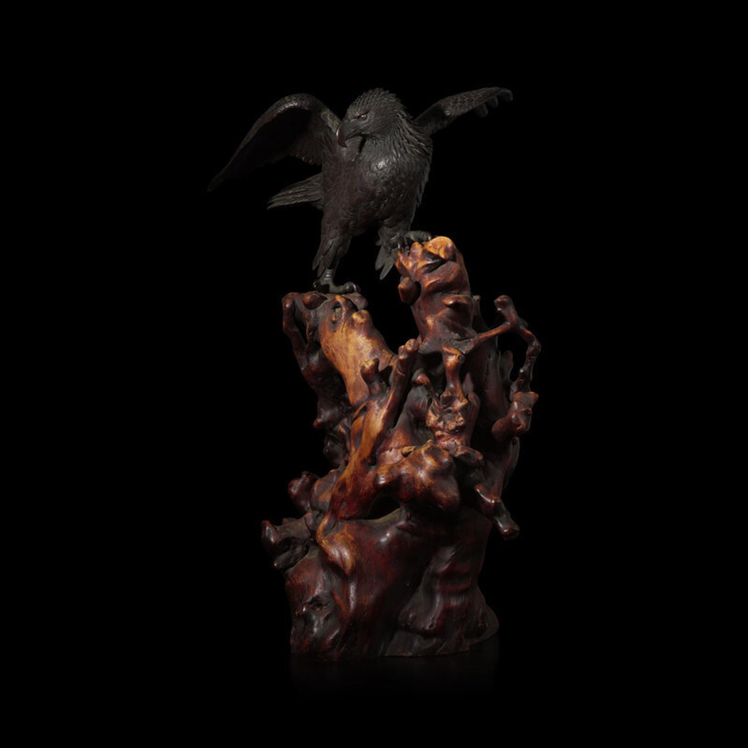 A Japanese Patinated Bronze Figure of an Eagle, Atsuyoshi for the Maruki Co. 丸木製厚義作銅鷹置物