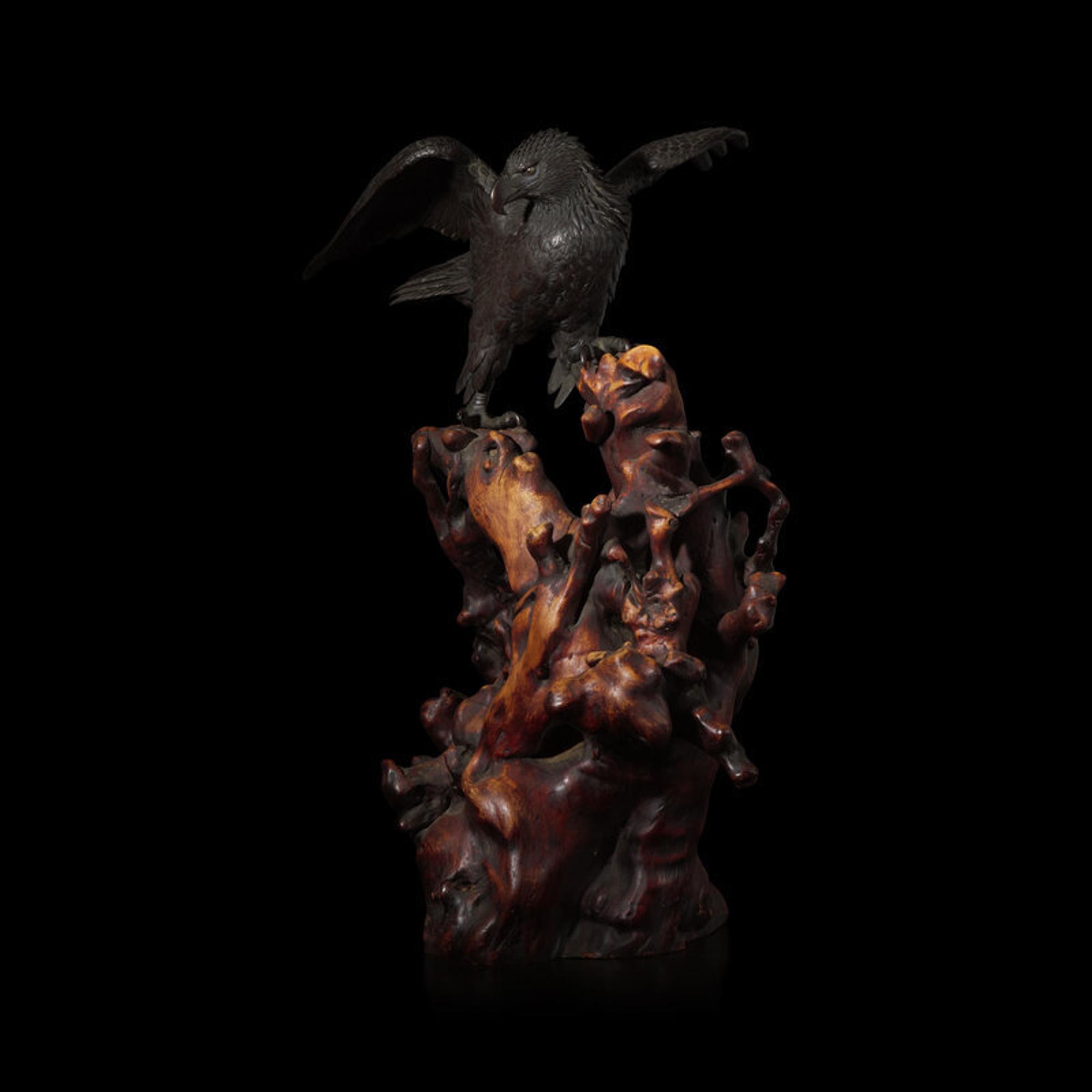 A Japanese Patinated Bronze Figure of an Eagle, Atsuyoshi for the Maruki Co. 丸木製厚義作銅鷹置物
