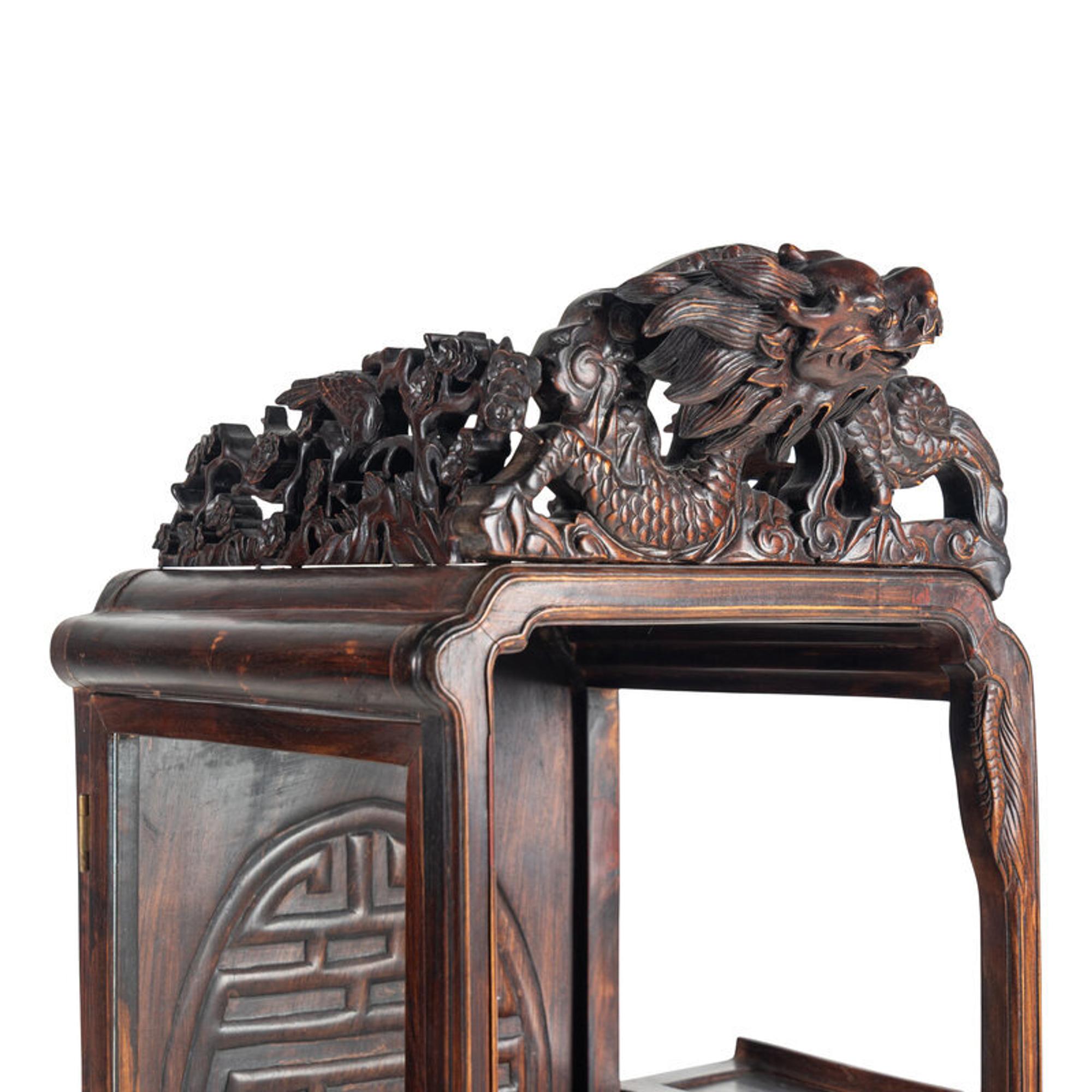 A Pair of Chinese Hardwood Displaying Cabinets, Duobaoge, 20th Century 近代 硬木鏤雕壽字紋大多寶閣一對