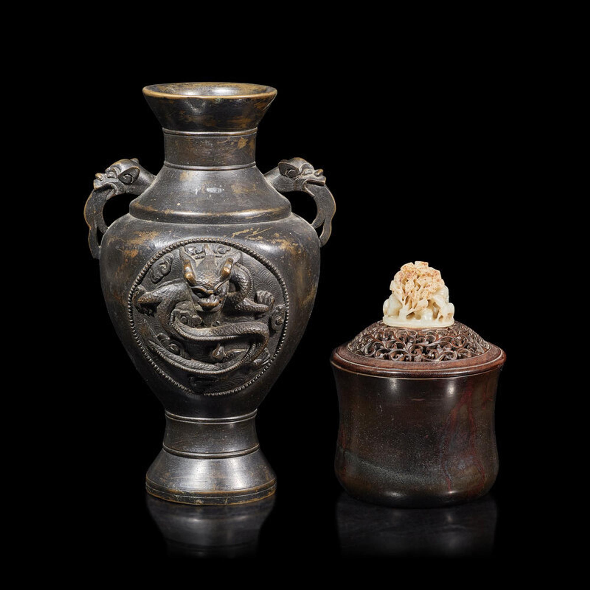 Two Chinese Bronze Vessels 銅爐及 銅 龍紋瓶