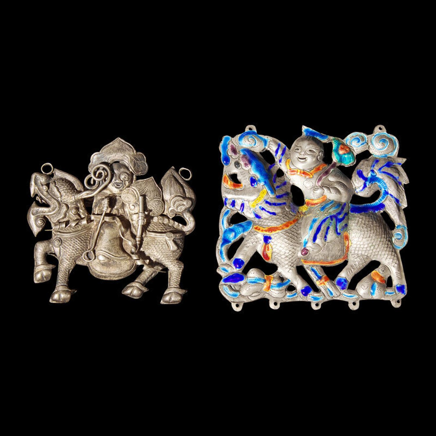 Eight Chinese Silver 'Boy and Qilin' Pendants, Late Qing Dynasty-Republic Period 晚清-民國 銀鍍金、銀燒藍及銀製麒麟送子長命鎖一組八件
