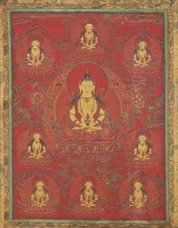 A Tibetan Red-Ground Thangka Depicting Amitayus, Late 18th/19th Century 十八/十九世紀 無量壽佛唐卡