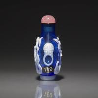 A Chinese White Overlay Blue Glass Snuff Bottle, Qing Dynasty, Possibly 18th-Early 19th Century 清中期 寶石藍地套涅白料垂釣圖鼻烟壺