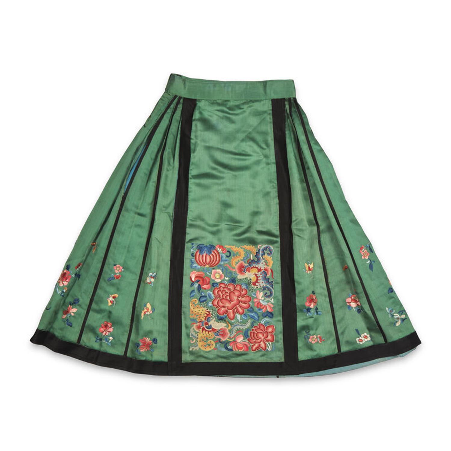 Two Chinese Silk 'Apron' Skirts and a Set of Skirt Ornament, 19th-Early 20th Century 馬面裙兩件及群飾一套