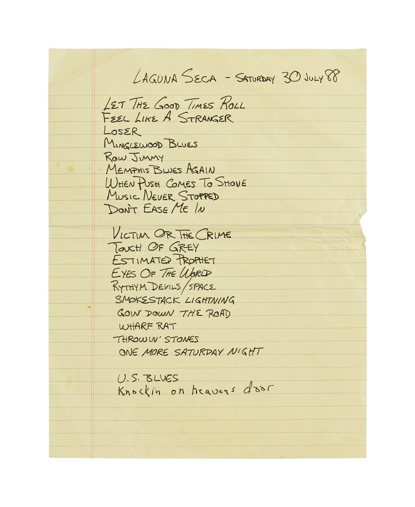Grateful Dead | 1988 Jan Simmons “Laguna Seca” Handwritten Setlist